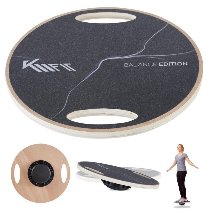 Балансувальна дошка KM-Fit Balance Board кругла з ручками для тренувань | Дерев'яний тренажер для розвитку рівноваги та координації | Дошка-балансир для фітнесу в приміщенні