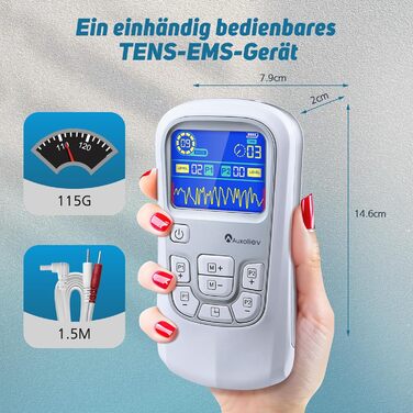 Пристрій TENS для терапії болю, EMS, 2 канали, 25 режимів, 50 рівнів інтенсивності, 10 електродів (срібло)