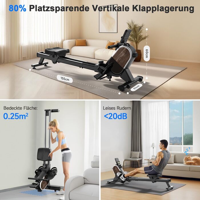 Гребний тренажер CHAOKE для дому, 2026 року, тихий магнітний, сумісний з додатком, 16 рівнів опору, покращені подвійні рейки, витримує до 160 кг (колір: коричневий)