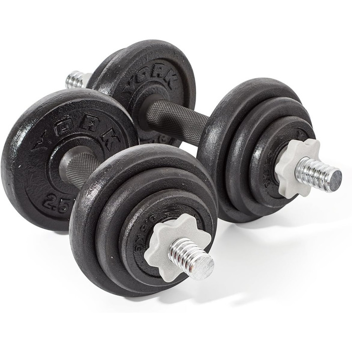 Гантелі York Fitness 20 кг зі змінними дисками, чавунні, набір 2 шт, чорні, регульовані спінлоки