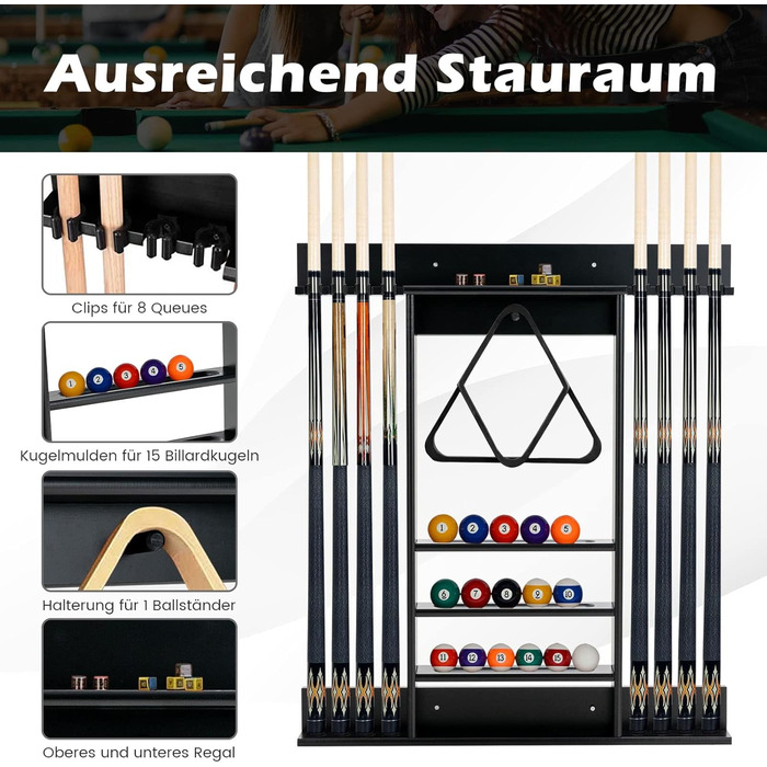 Підставка для більярних київ COSTWAY на стіну, для 8 київ, 15 куль та підставки для куль, з натурального дерева (чорна)