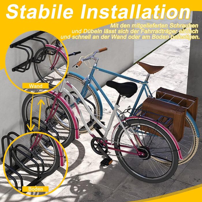 Стійка для велосипедів HENGMEI на 6 велосипедів, сталева, чорна. Підходить для шин шириною 30-65 мм. Настінний/підлоговий монтаж.