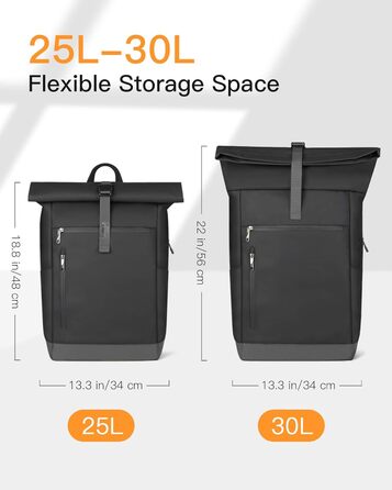 Міський рюкзак Inateck RollTop 25-30 л, чорний, для ноутбука 17'' – універсальний для чоловіків і жінок, велосипедний, шкільний, для університету, роботи, спорту та подорожей