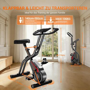 Ергометр UMAY Hometrainer 5-в-1: Велотренажер складаний для дому, магнітний, 16 рівнів, з пульсометром та LED дисплеєм, чорний, до 136 кг
