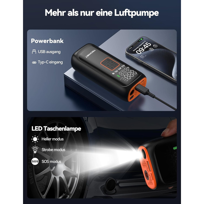 TECKNET електричний компресор 6000mAh, насос 150 PSI для авто, велосипедів, мотоциклів, м'ячів, з манометром, павербанком та ліхтариком