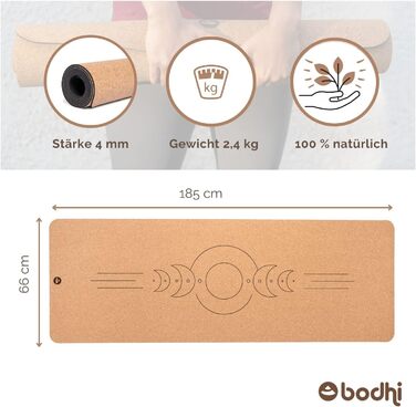 Йога-мат з корку та натурального каучуку bodhi 4 мм, екологічний, нековзний, для хот-йоги, 185x66 см, різні мотиви