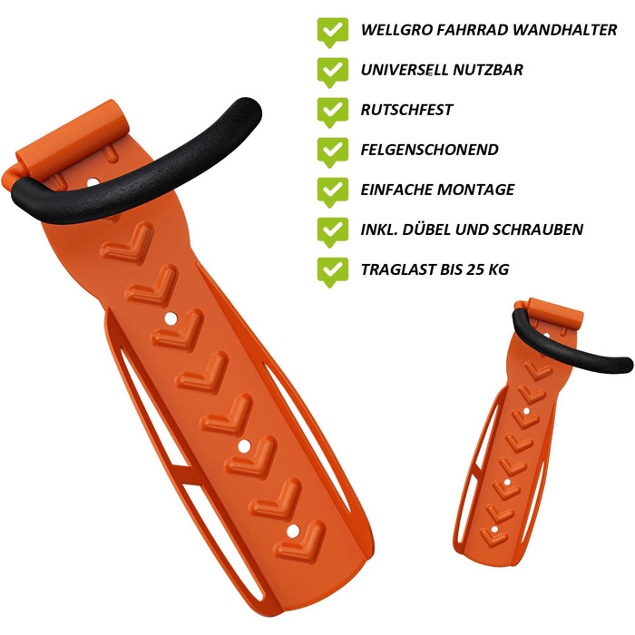 WELLGRO Тримач для велосипеда на стіну - сталевий кріплення, гачок, стійка - колір на вибір (Оранжевий)