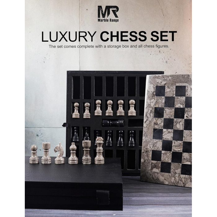 Шаховий набір з мармуру для дорослих, ручної роботи, 32 фігури, 2 додаткові королеви, коробка для зберігання, розкішна подорожна гра, елегантний подарунок для дому (чорний & кораловий) (Океанічний & Чорний)