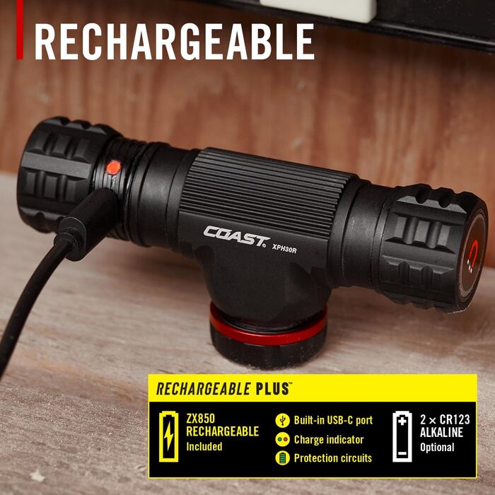 Coast XPH30R - налобний ліхтар з регулюванням фокусу, 1200 люмен, USB-C, акумулятор, магнітна база, чорний