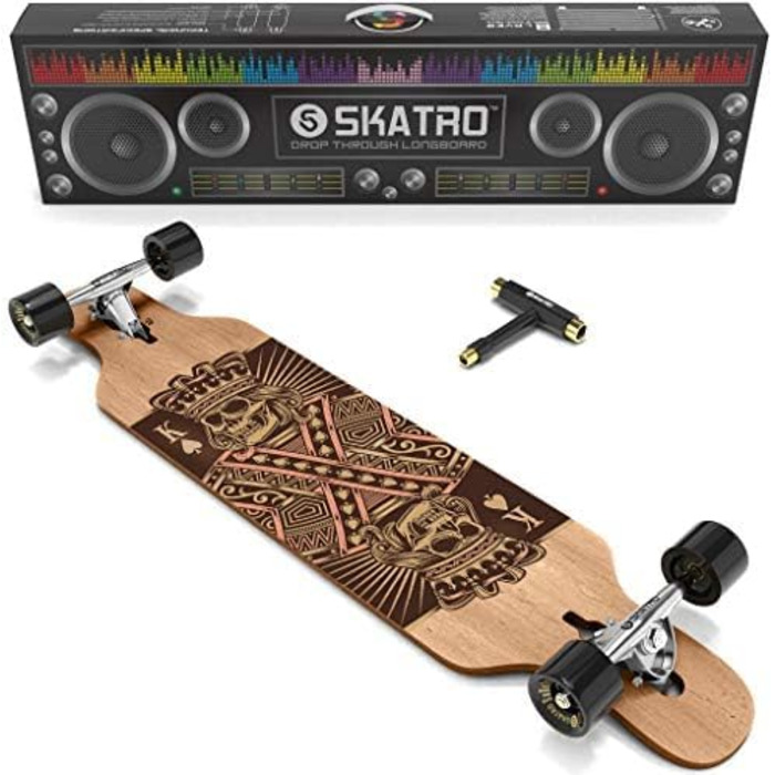 Лонгборд SKATRO Dropthrough Freeride з T-Tool Blackskull, скейтборд для фрірайду, чорний
