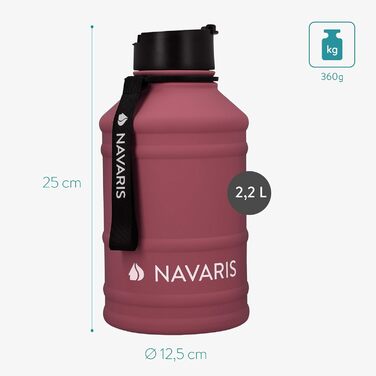 Navaris Фітнес-пляшка 2,2 л з нержавіючої сталі, спортивна пляшка XXL для води, BPA Free, бордова