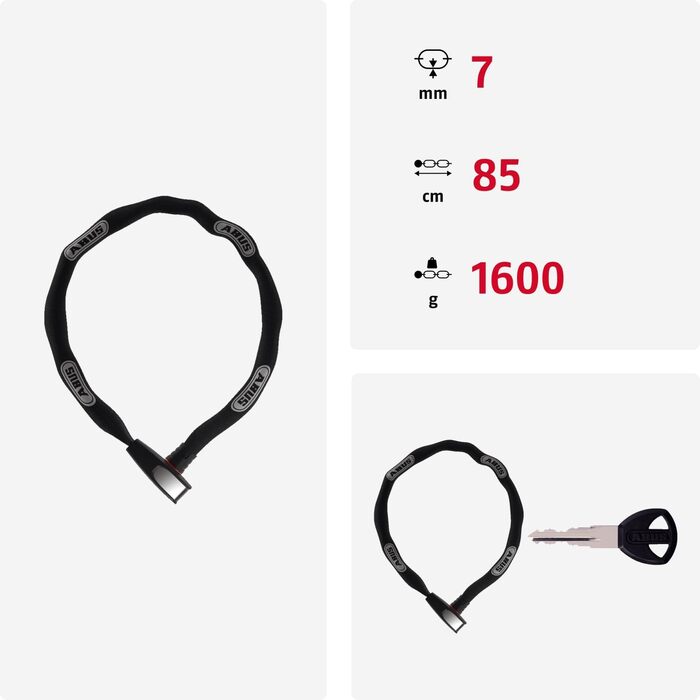 Замок ланцюговий ABUS Steel-O-Chain 8807K, 85 см, рівень безпеки 8, чорний