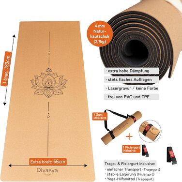 Йога мат Premium Kork: з натурального каучуку та корку | 100% натуральний та екологічний | 183 x 66 x 0,4 см | з чохлом для перенесення | неслизький | безпечний | без TPE | міцний та довговічний
