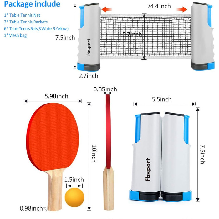 FBSPORT Набір для настільного тенісу Професійний: 2 ракетки, сітка, 6 м'ячів, сумка (сірий)