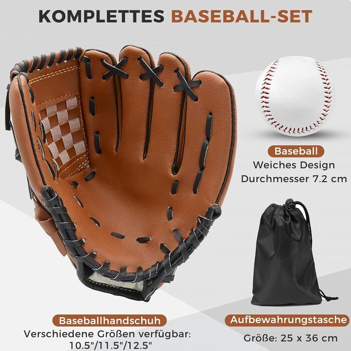 Рукавиця для бейсболу та софтболу з м'ячем, тренувальна змагальна, потовщена, дитяча та доросла, коричнева 11.5 дюймів