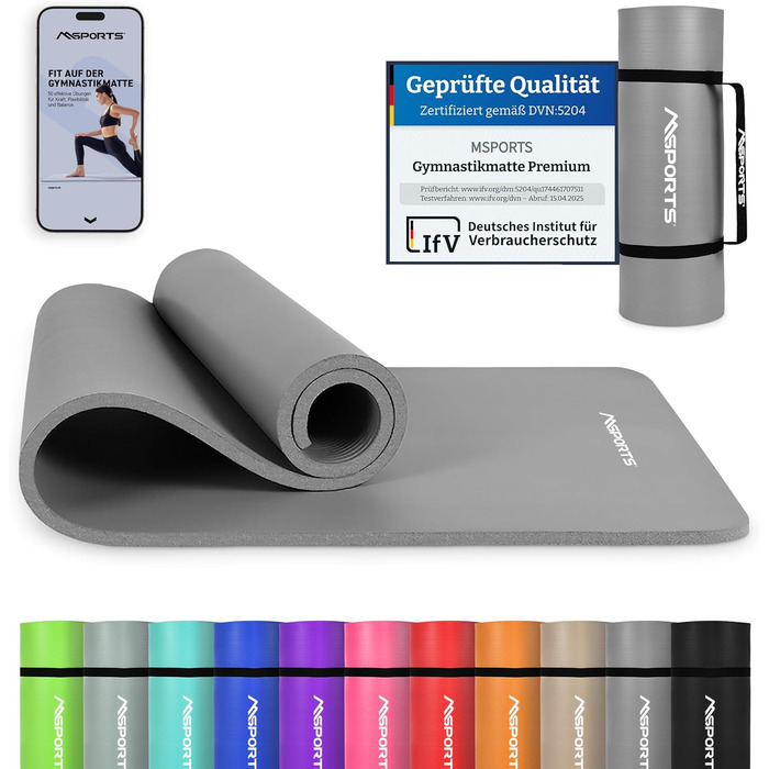 MSPORTS Килимок для гімнастики Преміум з сумкою, постером та додатком для фітнесу. Зручний, 190 x 80 x 1,5 см, антрацит. Без фталатів. Килимок для йоги сіро-антрацитового кольору 190 x 80 x 1,5 см