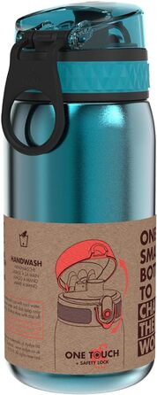 Дитяча пляшка для напоїв ion8, нержавіюча сталь, 400 мл, без ізоляції, не протікає, відкривається однією рукою, безпечне закриття, можна мити в посудомийній машині, з клапаном, ручка для перенесення, легко чиститься, класичний колір аква