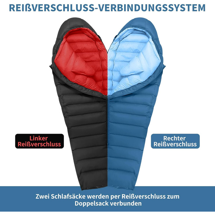 Спальний мішок Daunenschlafsack: теплий зимовий спальник з гусячим пухом 650 fill power, RDS-сертифікований. Діапазон температур: від 8°C до -30°C. Ідеально підходить для кемпінгу та альпінізму. Чорний (-10°C), Синій (-3°C)