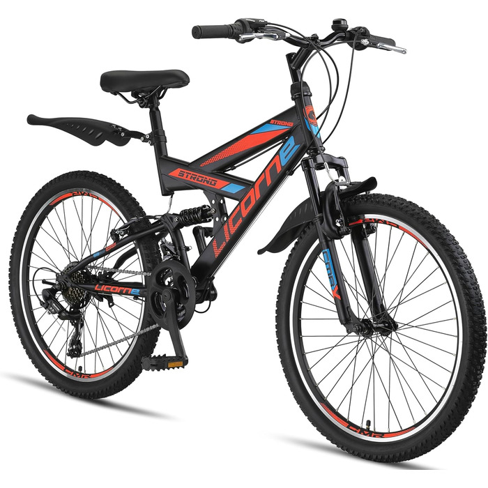 Гірський велосипед Licorne Bike PREMIUM Strong V 24 дюйми, 21 швидкість, повна амортизація, чорний/синій/помаранчевий, для хлопців, дівчат, жінок і чоловіків