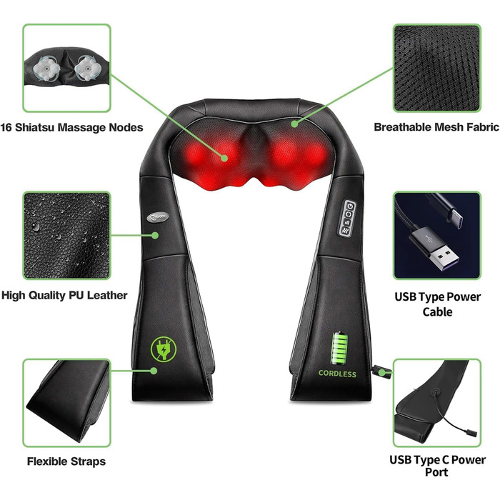 Масажер для шиї та спини Cotsoco, бездротовий, з підігрівом, 3D масаж, для жінок та чоловіків