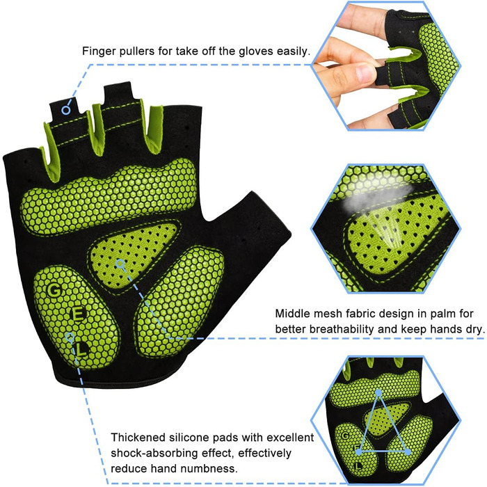 Велосипедні рукавички Soer з гелевою підкладкою, напівпальцеві, для гірського велосипеда, спортивні, чоловічі (світло-зелені)