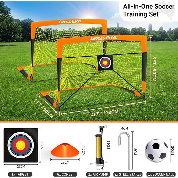 Ворота для футболу Dimples Excel Pop-Up - розкладні для дітей | 1 або 2 шт. в розмірах 120x90 / 152x110 / 213x152 см | 3 кольори на вибір | З м'ячем, насосом, конусами та мішенню (опціонально) | Для саду та подарунка