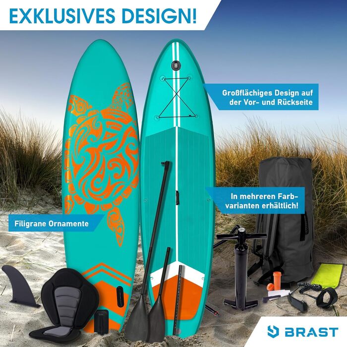 Надувний SUP Board BRAST Turtle | Комплект для станд-ап паддлбордингу | 320x81x15 см | 4 дизайни | 5 років гарантії | з аксесуарами | 2в1: SUP Board та каяк | з кріпленням для Action-Cam, петлею для ніг, рюкзаком | Колір: Туркіс