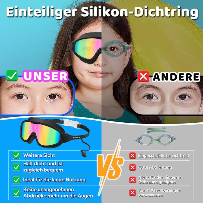 Дитячі окуляри для плавання Vvinca з носовими затискачами, 3-14 років, широке поле зору, захист від запотівання та UV, водонепроникні