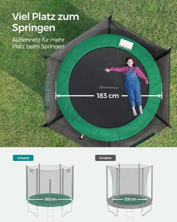 Трамплін SONGMICS Outdoor Ø 183/244/305/366/427 см, круглий, для саду, з захисним покриттям, сіткою, сходами та м'якими стійками (зелений)