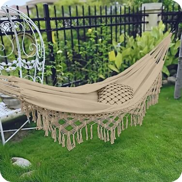 Гамак вуличний KRUMAD Boho бежевий 190x150 см, бавовна-поліестер, до 120 кг, з бахромою, сумка для зберігання, для саду, балкону, тераси