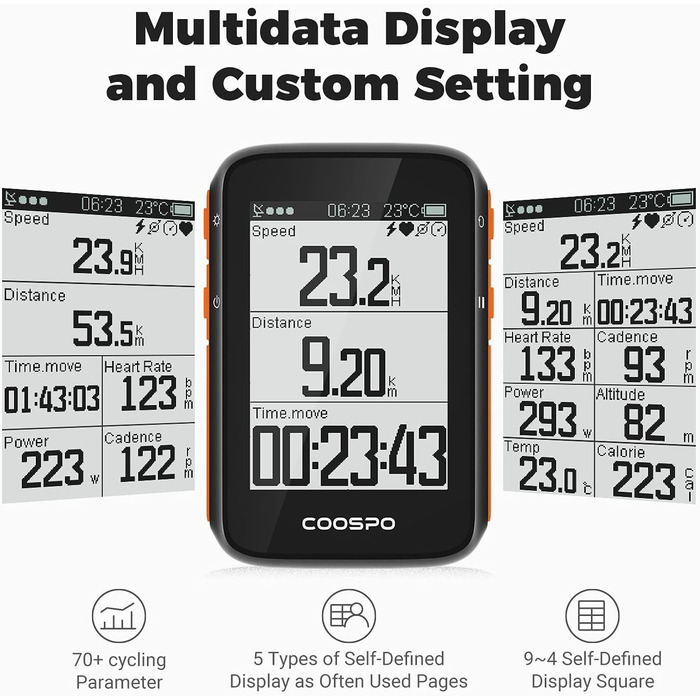 COOSPO велосипедний комп'ютер GPS, бездротовий, Bluetooth 5.0 та ANT+, водонепроникний IP67, велоспідометр з автоматичним підсвічуванням, 2,6'' LCD-дисплей