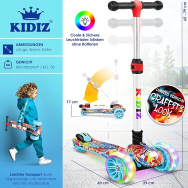Дитячий самокат KIDIZ X-Pro2 триколісний, складаний, з LED колесами, PU, регульована висота, для хлопчиків і дівчаток 3-12 років