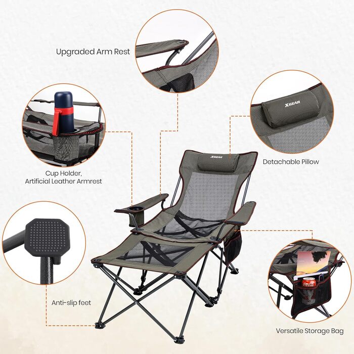 XGEAR 2-в-1 Кемпінговий стул: розкладний, для риболовлі, легкий, з підніжкою та підлокітником, 136 кг, Oxford-тканина