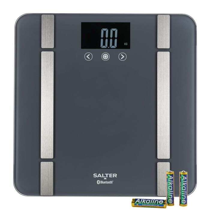 Розумні ваги Salter SA00432GFEU6 для ванної кімнати, Bluetooth, 200 кг, вимірювання ваги, жиру, води, м'язової та кісткової маси, BMI/BMR, 8 профілів, синхронізація з додатком Salter Health, сірі
