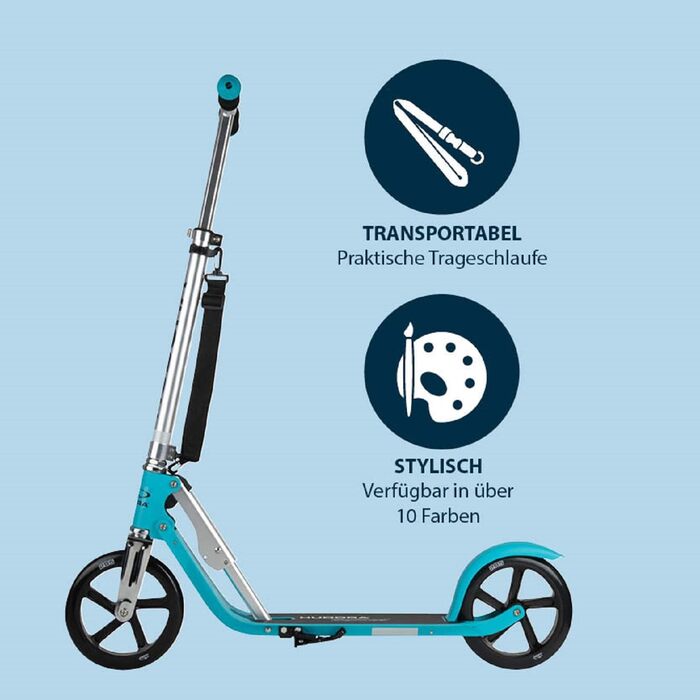 Самокат HUDORA BigWheel 205 з тросовим замком, складаний, регульована висота, з ременем для перенесення, для дітей і дорослих від 6 років, міський, до 100 кг