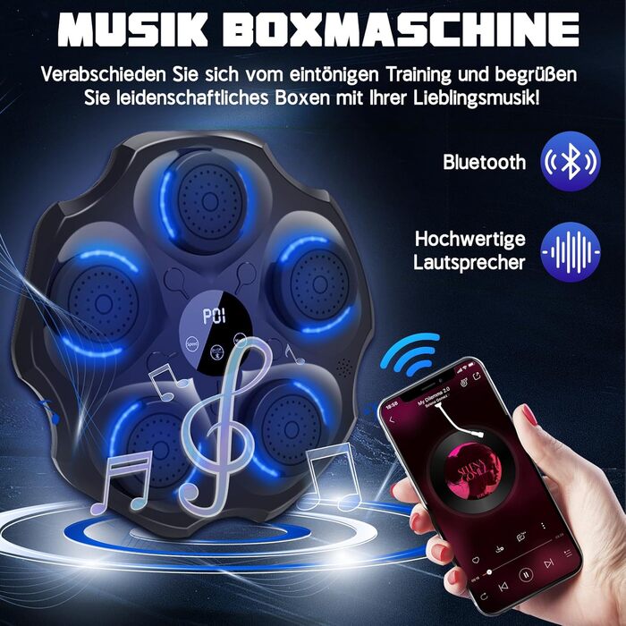 Музична боксерська машина Lvelfe з LED-підсвічуванням, Bluetooth, 9 режимів швидкості та лічильником, чорна