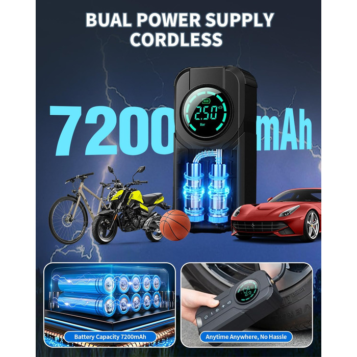 Електрична велосипедна помпа VICKSONGS 7200mAh, компресор 180 PSI, портативний, акумуляторна, для авто, мотоцикла, велосипеда, баскетбольних м'ячів
