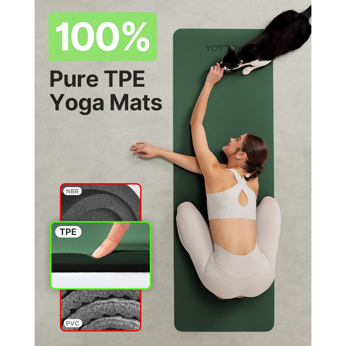 Килимок для йоги з TPE, неслизький, 61x61 см (24x0.24 дюйма), для пілатесу, фітнесу та занять босоногою, з сумкою та ремінком, зелений