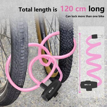 Замок для велосипеда 120см/12мм, високий рівень захисту, кабельне spiralkabelschloss з 2 ключами, протиугінний замок для велосипеда, триколісного велосипеда, мотоцикла, скутера (Рожевий)