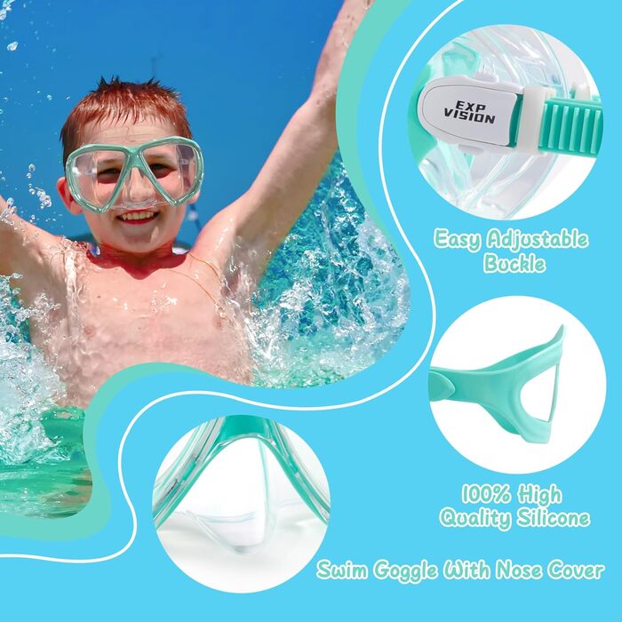 Дитячі окуляри для плавання Kinder Taucherbrille 180° Anti-Fog. Маска для снорклінгу з загартованим склом та захистом носа для хлопчиків та дівчаток 4-15 років