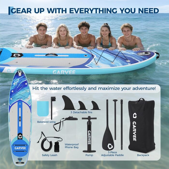 SUP Board Garvee надувний, блакитний 335x85.9x15 см - Комплект для дорослих та підлітків: весло, насос, рюкзак, EVA-дека