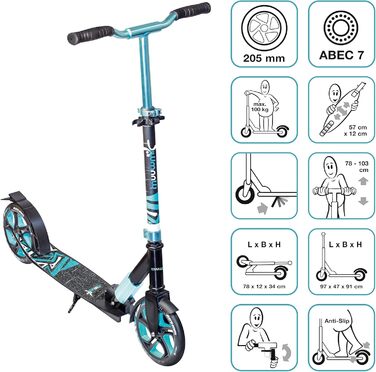 Самокат трюковий muuwmi Aluminium Scooter Deluxe 205 мм ABEC 7, регульована висота, для дітей та дорослих, сертифікат GS, бірюзовий
