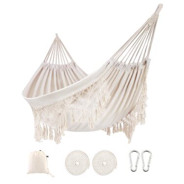Гамак для двох з макраме бахромою, білий, бавовняний, Boho стиль, до 227 кг - для саду, веранди, подорожей