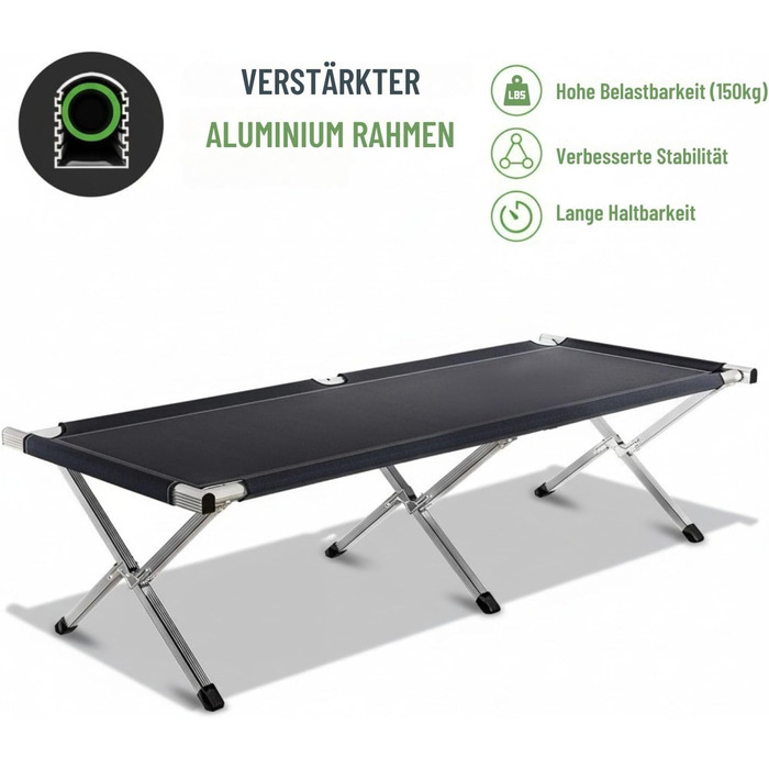 Ліжко кемпінгове Kronenburg XXL 210x72x45 см, сталеве, до 200 кг, чорне