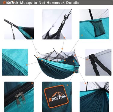 Гамак для кемпінгу AnorTrek з москітною сіткою, подвійний та одинарний, з ременями та карабінами, для відпочинку, туризму та походів, блакитний/темно-синій, 300 x 200 см