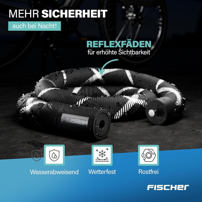 Ланцюговий замок для велосипеда та електровелосипеда FISCHER PROTEC SK100, 100 см, чорний, зі світловідбиваючими нитками, 2 ключі