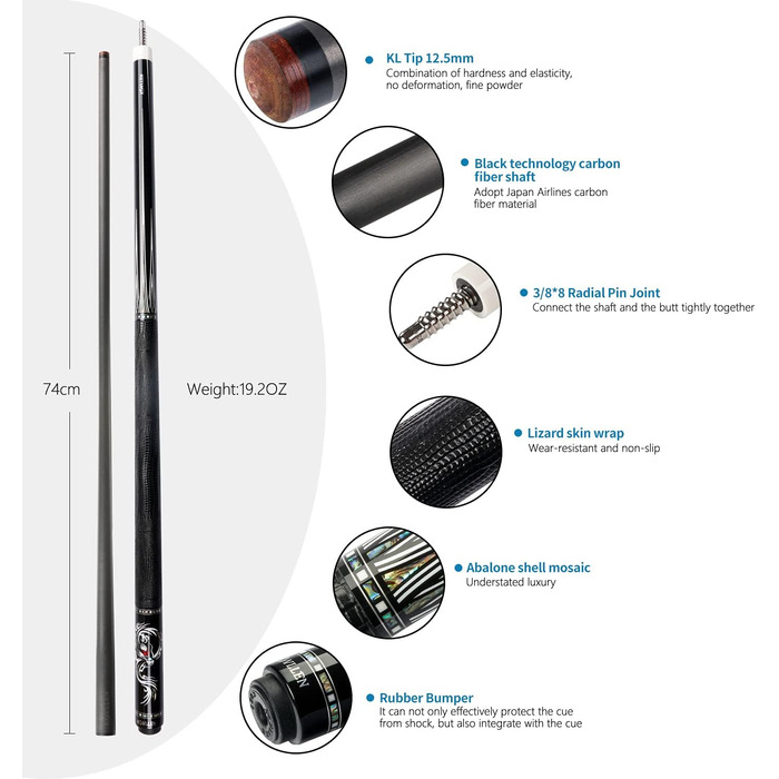 KONLLEN Billardqueue з карбону, 58 дюймів: професійний більярдний кий для дорослих, повна карбонова технологія, низький коефіцієнт відхилення, наконечник 12.5 мм (Pro Taper, ультрагладкий) AING-1F
