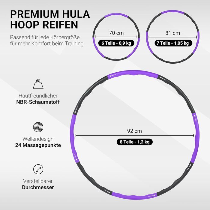 Преміум хулахуп з піною, регульований, для фітнесу та схуднення, 6-8 сегментів, знімний, фіолетово-антрацитовий