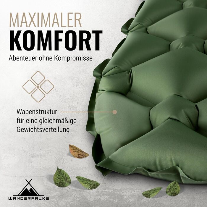 WANDERFALKE® 550g Легкий Надувний Килимок для Туризму - (XL, 66 см) - Килимок для Кемпінгу з Компактним Розміром для Відпочинку на Відкритому Повітрі, Походів, Піших Прогулянок та Bikepacking (Зелений)