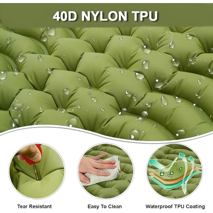 Саморозкладаний килимок для кемпінгу YuanDiann 200x140 см на 2 особи, армійний зелений, з помпою та подушкою